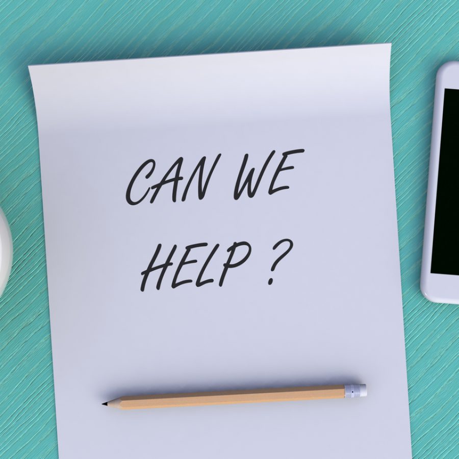 CAN WE HELP, message on paper, smart phone and coffee on table, 3D rendering CAN WE HELP, message on paper, smart phone and coffee on table, 3D rendering